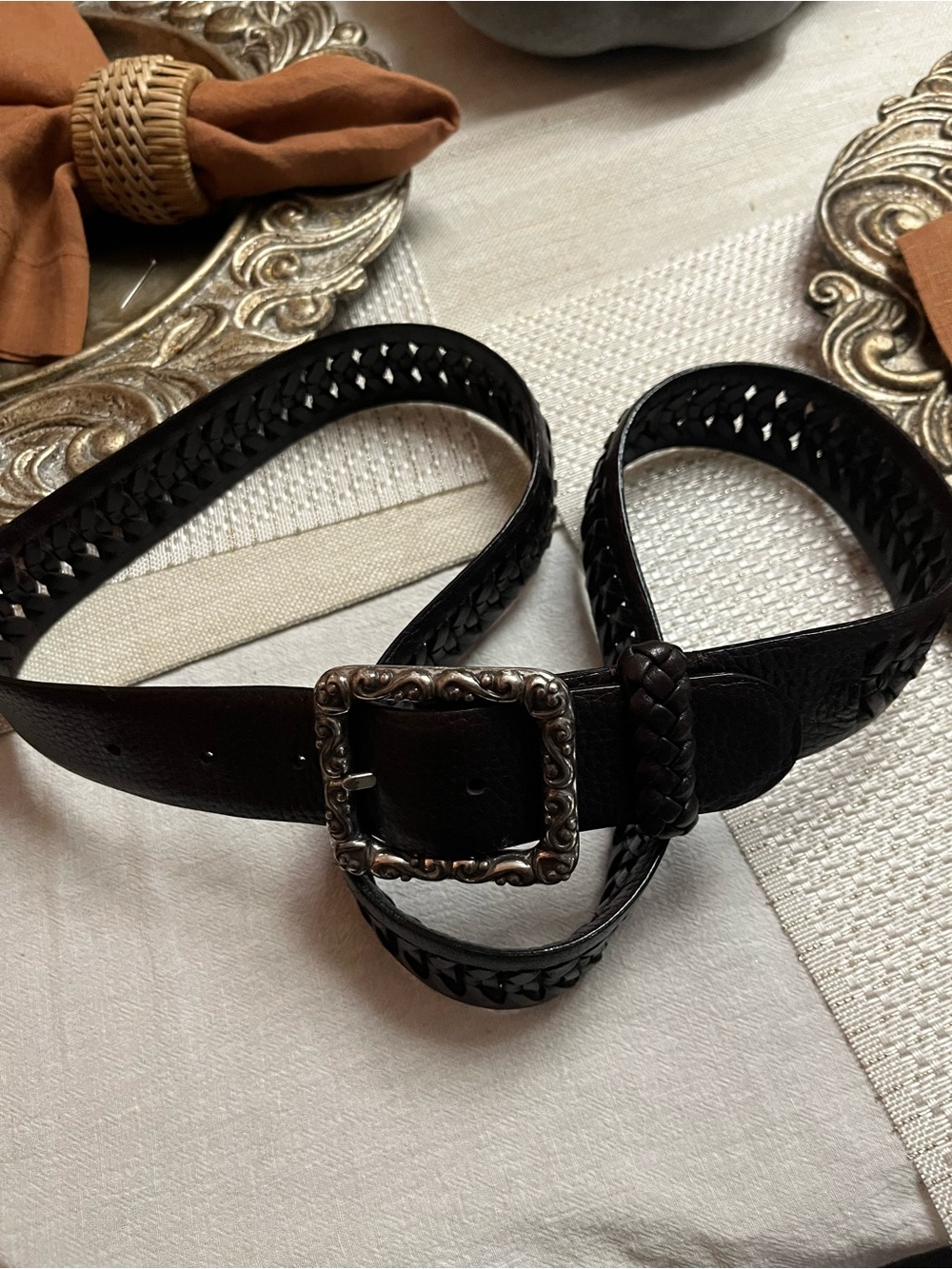 Brighton Brown Braided Leather Belt with Ornate Silver Buckle Size:40